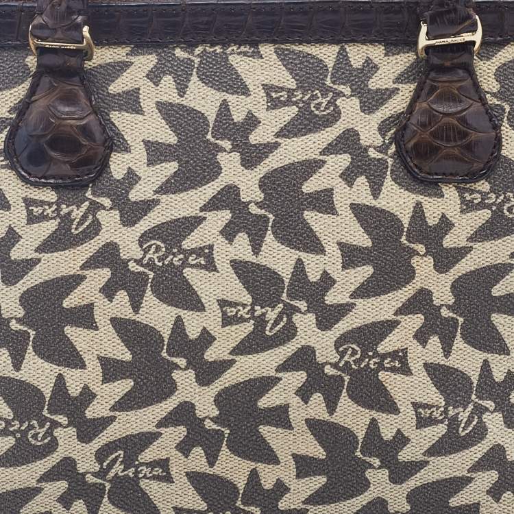 Pre Owned Nina Ricci Dark Brown/Beige Coated Canvas And Python Satchel