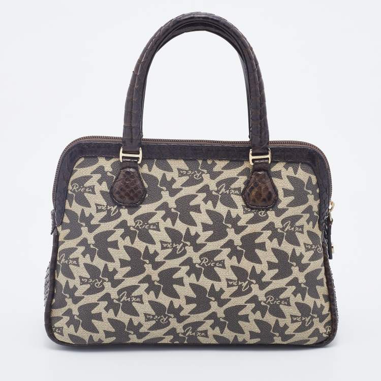 Pre Owned Nina Ricci Dark Brown/Beige Coated Canvas And Python Satchel
