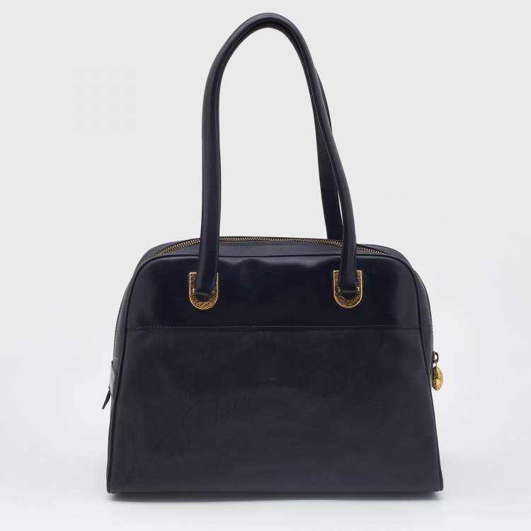 Pre Owned Nina Ricci Black Logo Nylon and Leather Zip Satchel 