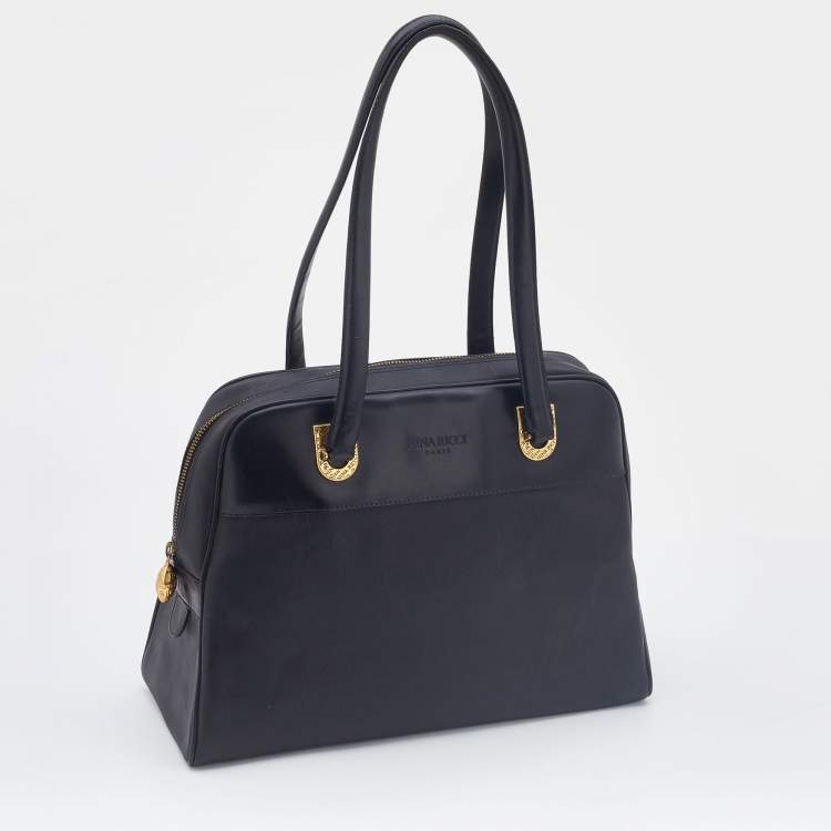 Pre Owned Nina Ricci Black Logo Nylon and Leather Zip Satchel 
