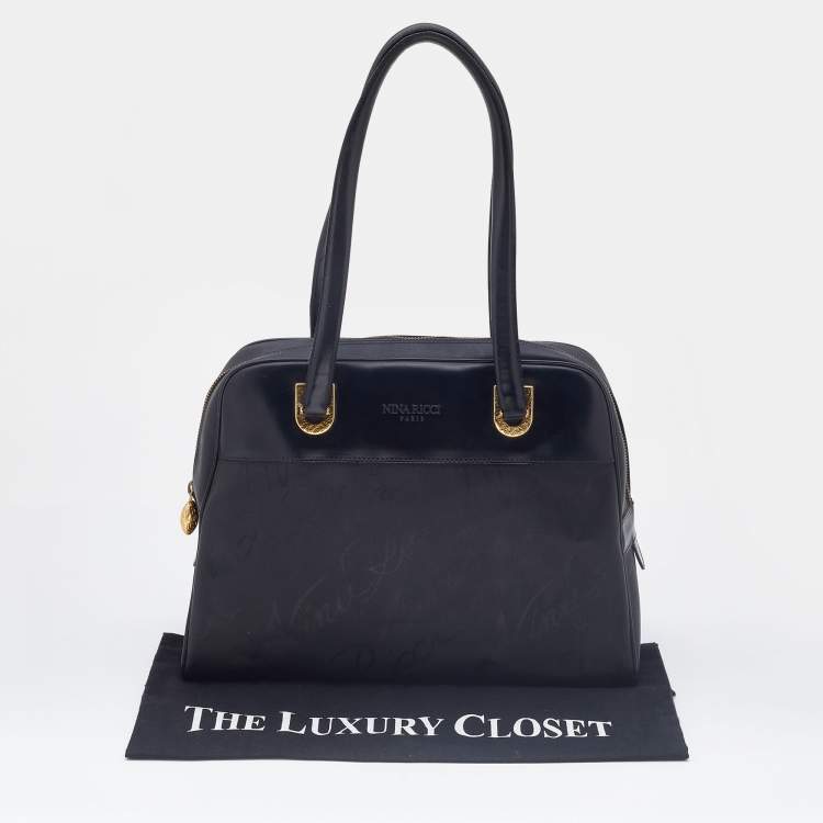 Pre Owned Nina Ricci Black Logo Nylon and Leather Zip Satchel 