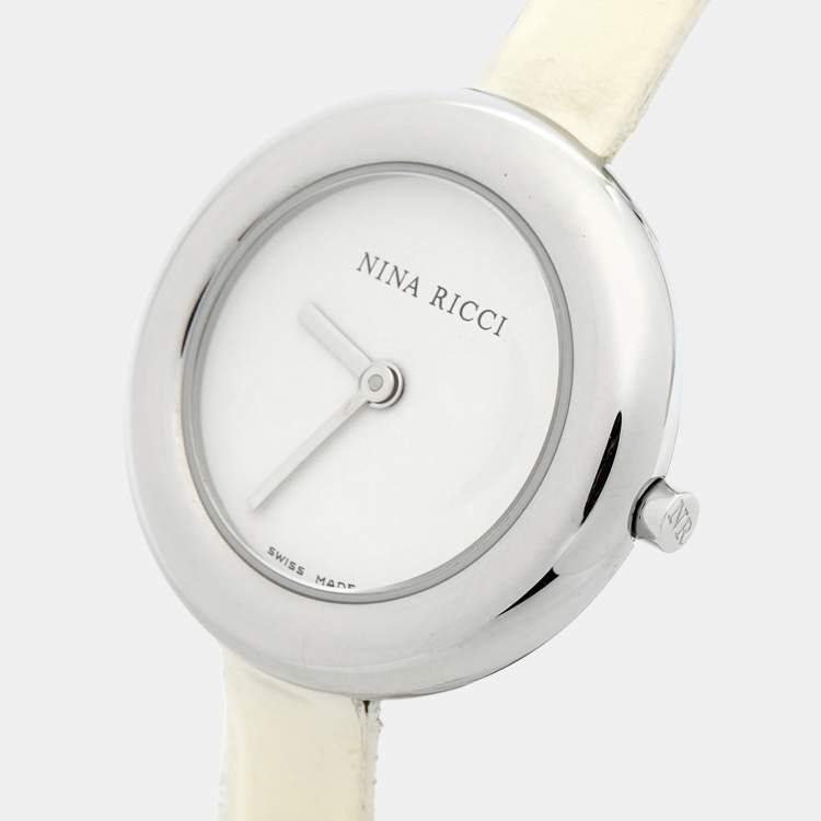 مملوكة مسبقًا Nina Ricci White Stainless Steel Leather Classic N00612 Women's Wristwatch 28 mm