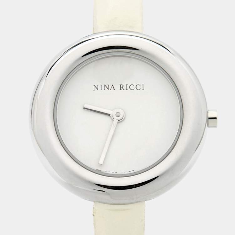 مملوكة مسبقًا Nina Ricci White Stainless Steel Leather Classic N00612 Women's Wristwatch 28 mm