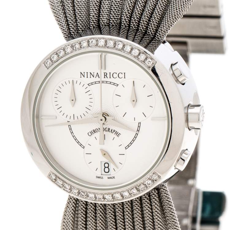 مملوكة مسبقًا Nina Ricci Silver White Stainless Steel Diamonds N021.15 Chronograph Women's Wristwatch 32 mm
