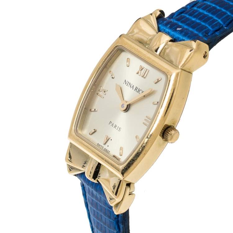 Pre Owned Nina Ricci Royal Blue Leather Gold Plated Women's Wristwatch 19mm