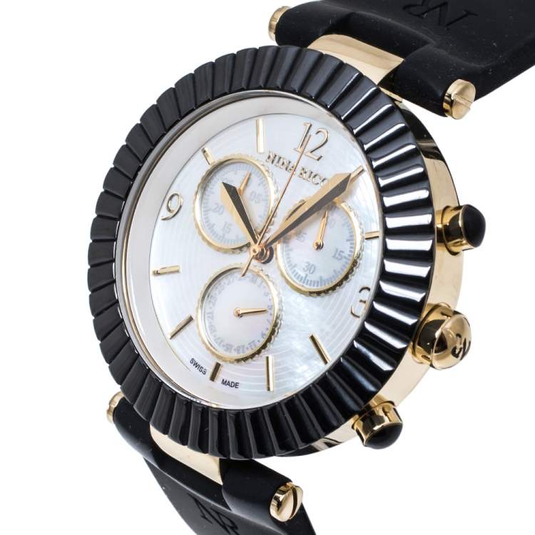 Nina Ricci Mother Of Pearl Black Ceramic Gold Tone Stainless Steel Chronograph Classic N034998SM Women s Wristwatch 40 mm Nina Ricci TLC