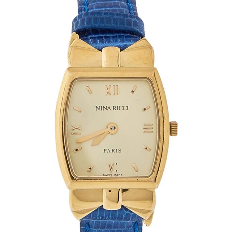 Pre Owned Nina Ricci Royal Blue Leather Gold Plated S971 Women's Wristwatch 20 mm