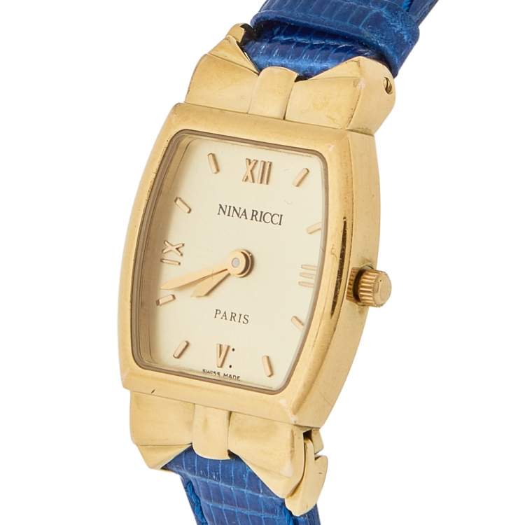 Pre Owned Nina Ricci Royal Blue Leather Gold Plated S971 Women's Wristwatch 20 mm