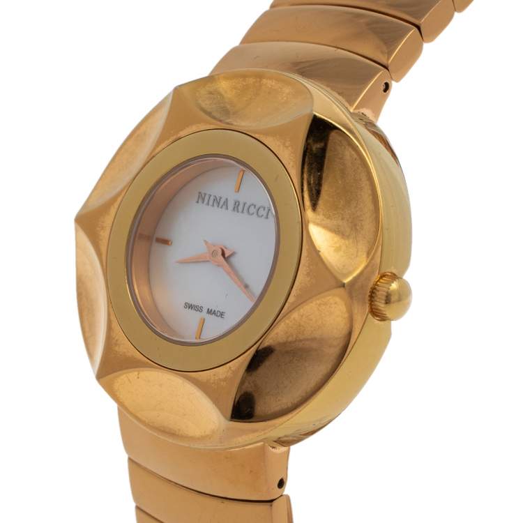Pre Owned Nina Ricci White Mother Of Pearl PVD Coated Stainless Steel N024.53 Women's Wristwatch 37 MM