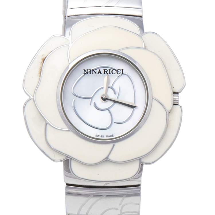 Pre Owned Nina Ricci Mother Of Pearl Enamel Camellia Motif Stainless Steel N051002SM Women's Wristwatch 40 mm