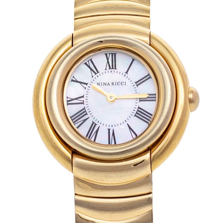 Pre Owned Nina Ricci Mother Of Pearl Gold Plated Stainless Steel N1080SM Women's Wristwatch 36 mm