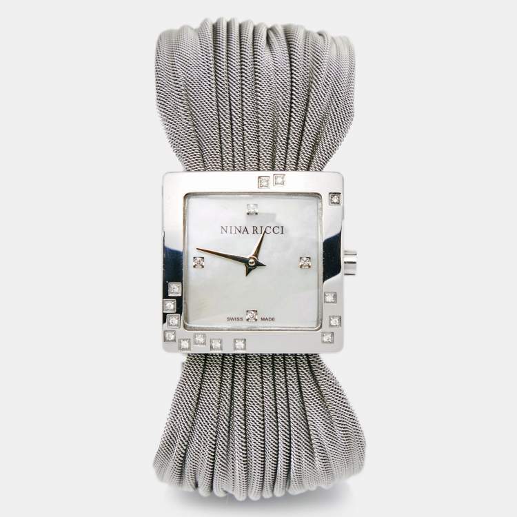 Pre Owned Nina Ricci White Mother of Pearl Stainless Steel Diamond N019.12 Women's Wristwatch 24 mm
