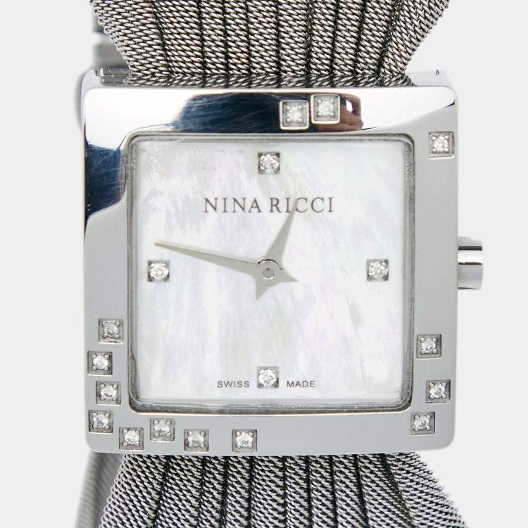 Pre Owned Nina Ricci White Mother of Pearl Stainless Steel Diamond N019.12 Women's Wristwatch 24 mm
