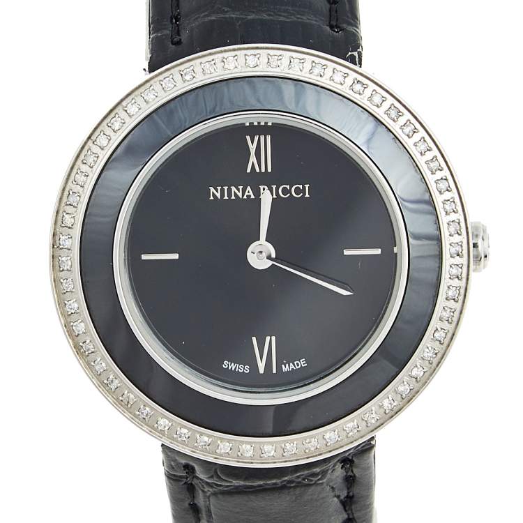 Pre Owned Nina Ricci Black Stainless Steel Leather N064006SM Women's Wristwatch 32 mm