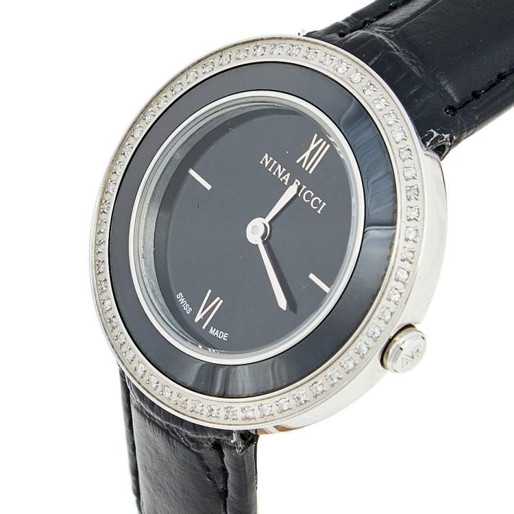 Pre Owned Nina Ricci Black Stainless Steel Leather N064006SM Women's Wristwatch 32 mm