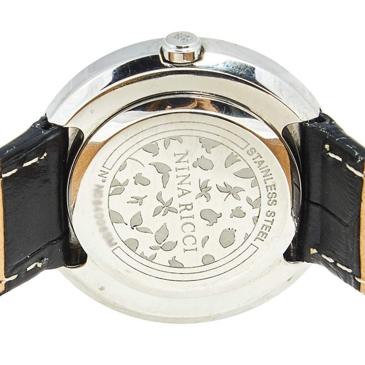 Pre Owned Nina Ricci Black Stainless Steel Leather N064006SM Women's Wristwatch 32 mm