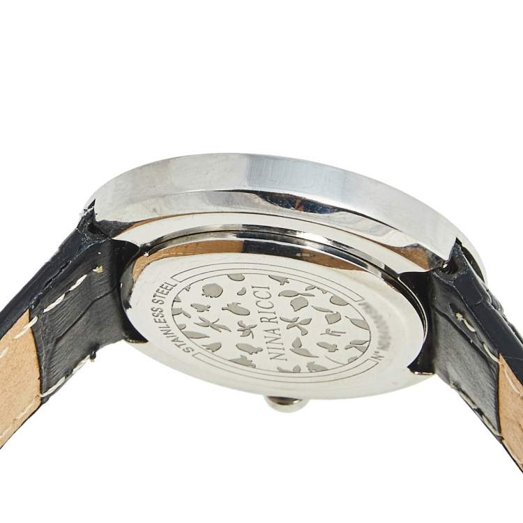 Pre Owned Nina Ricci Black Stainless Steel Leather N064006SM Women's Wristwatch 32 mm