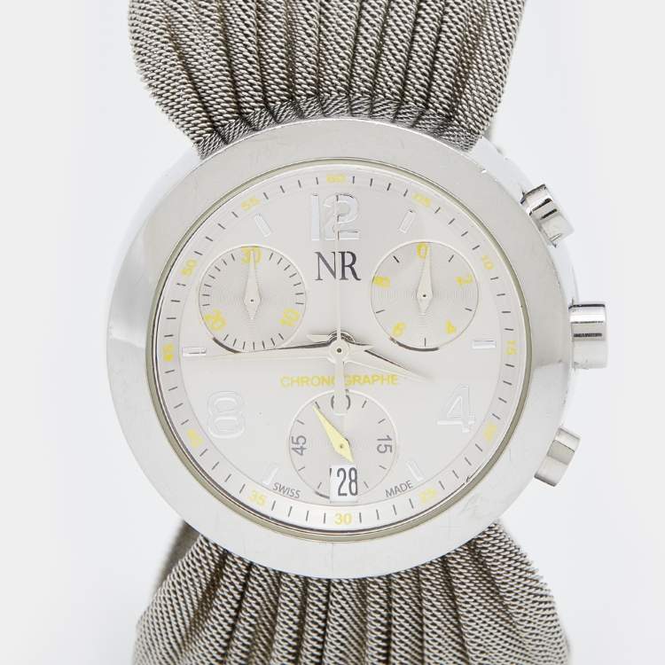 Pre Owned Nina Ricci Silver White Stainless Steel Diamonds N021.15 Chronograph Women's Wristwatch 32 mm