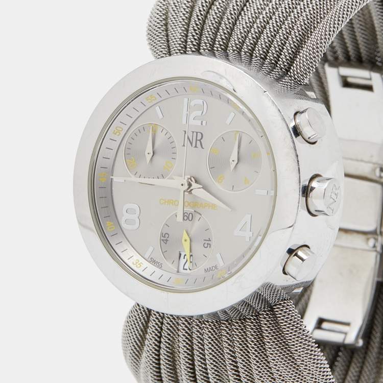 Pre Owned Nina Ricci Silver White Stainless Steel Diamonds N021.15 Chronograph Women's Wristwatch 32 mm