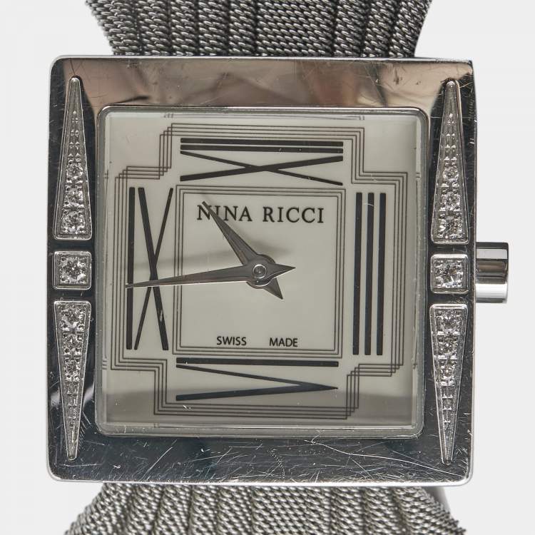 Pre Owned Nina Ricci Mother of Pearl Stainless Steel Diamond NO19.73 Women's Wristwatch 24 mm