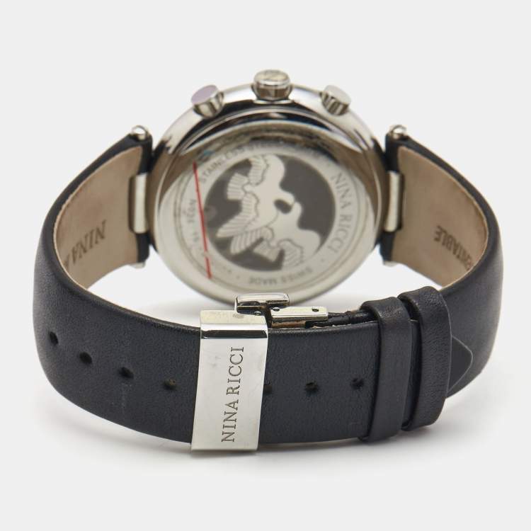 Pre Owned Nina Ricci Silver Stainless Steel Leather N034-15 Unisex Wristwatch 40 mm