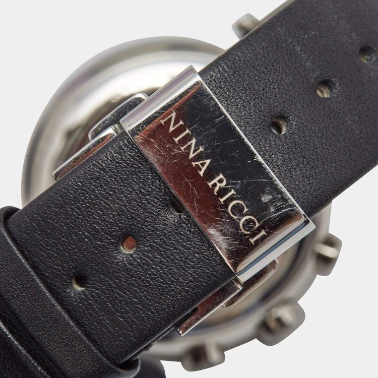 Pre Owned Nina Ricci Silver Stainless Steel Leather N034-15 Unisex Wristwatch 40 mm