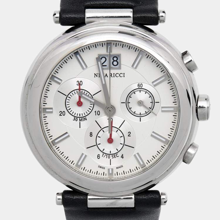 Pre Owned Nina Ricci Silver Stainless Steel Leather N034-15 Unisex Wristwatch 40 mm