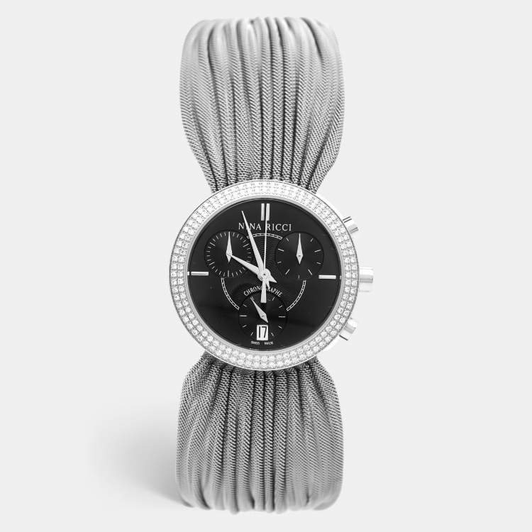 Pre Owned Nina Ricci Black Stainless Steel Diamonds N021.15 Quartz Chronograph Women's Wristwatch 31 mm