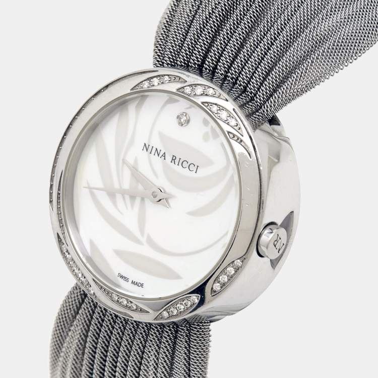 Pre Owned Nina Ricci Mother Of Pearl Stainless Steel Diamond N021.74.75.1 Women's Wristwatch 31 mm