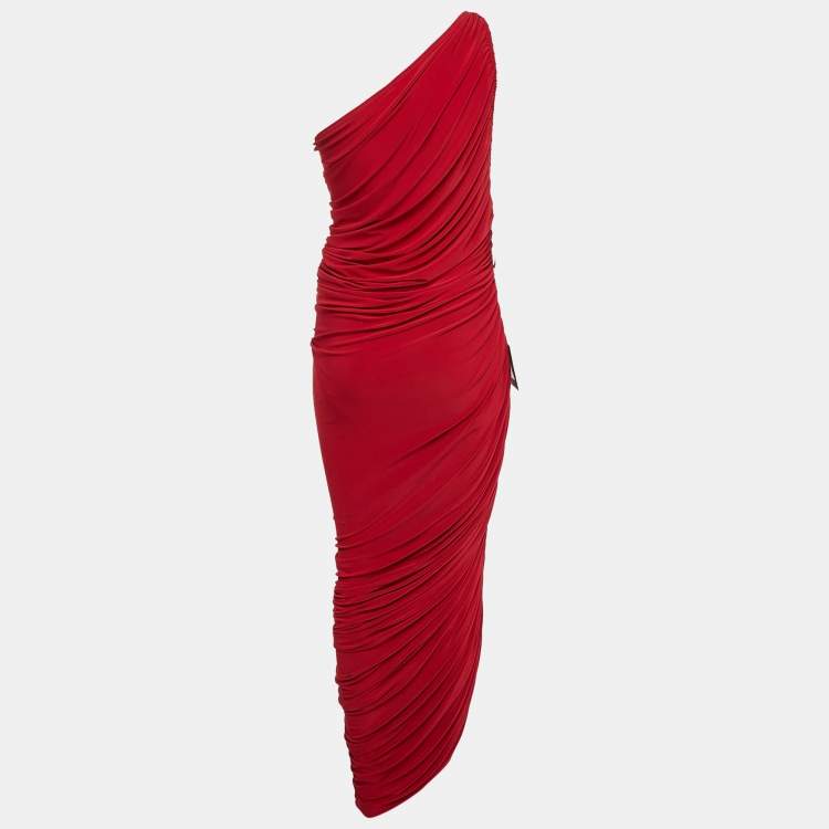 Pre Owned Norma Kamali Red Jersey Ruched One-Shoulder Gown M