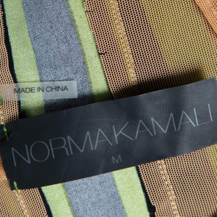 Pre Owned Norma Kamali Beige Mesh & Striped Knit Paneled Spliced Sheer Maxi Dress L