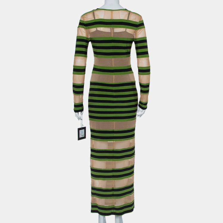 Pre Owned Norma Kamali Beige Mesh & Striped Knit Paneled Spliced Sheer Maxi Dress L