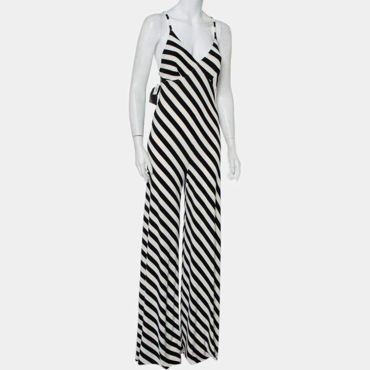 Pre Owned Norma Kamali Monochrome Striped Jersey Wide Leg Sleeveless Jumpsuit M
