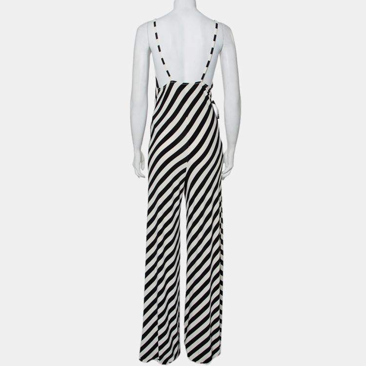 Pre Owned Norma Kamali Monochrome Striped Jersey Wide Leg Sleeveless Jumpsuit M