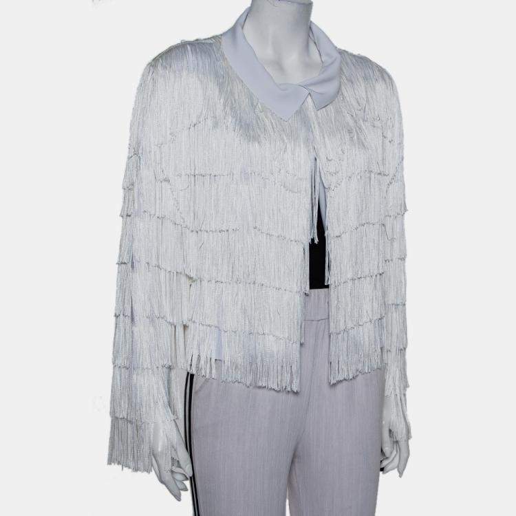 Pre Owned Norma Kamali White Knit Fringed Open Front Collared Jacket M