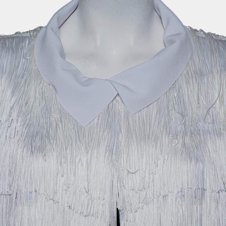 Pre Owned Norma Kamali White Knit Fringed Open Front Collared Jacket M
