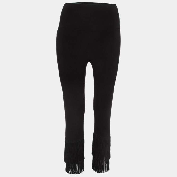 Pre Owned Norma Kamali Black Stretch Knit Fringed Hem Crop Leggings M
