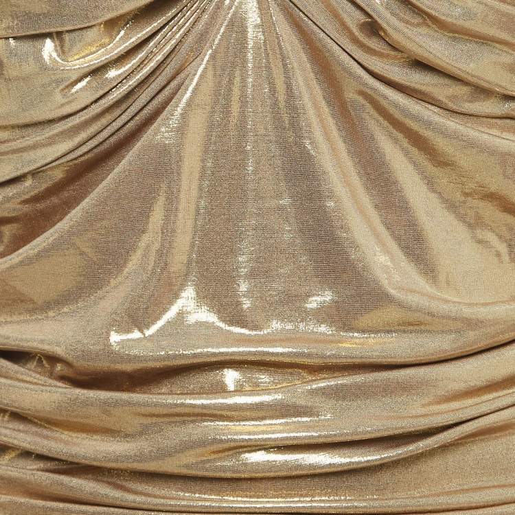Pre Owned Norma Kamali Gold Gathered Jersey Winglet Sleeve Walter Dress L