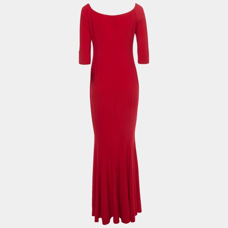 Pre Owned Norma Kamali Red Jersey Off-Shoulder Fishtail Gown L