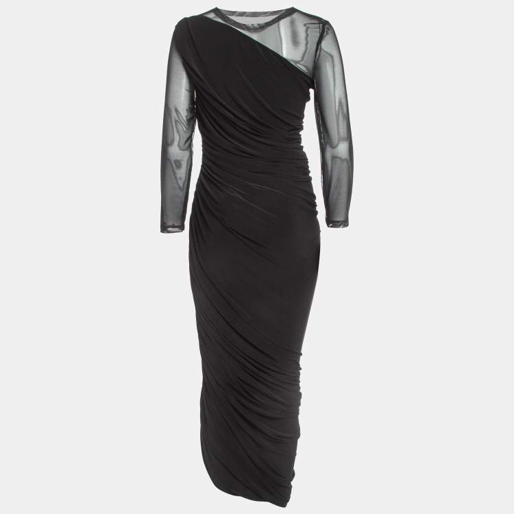 Pre Owned Norma Kamali Black Lycra/Mesh Shirred Detail Diana Gown M