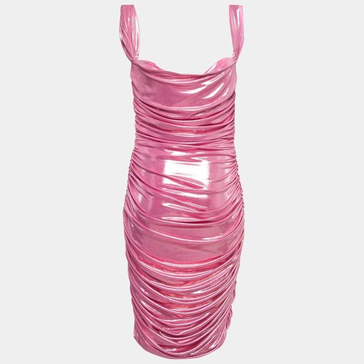 Pre Owned Norma Kamali Pink Lame Walter Wing Sleeves Mini Dress L