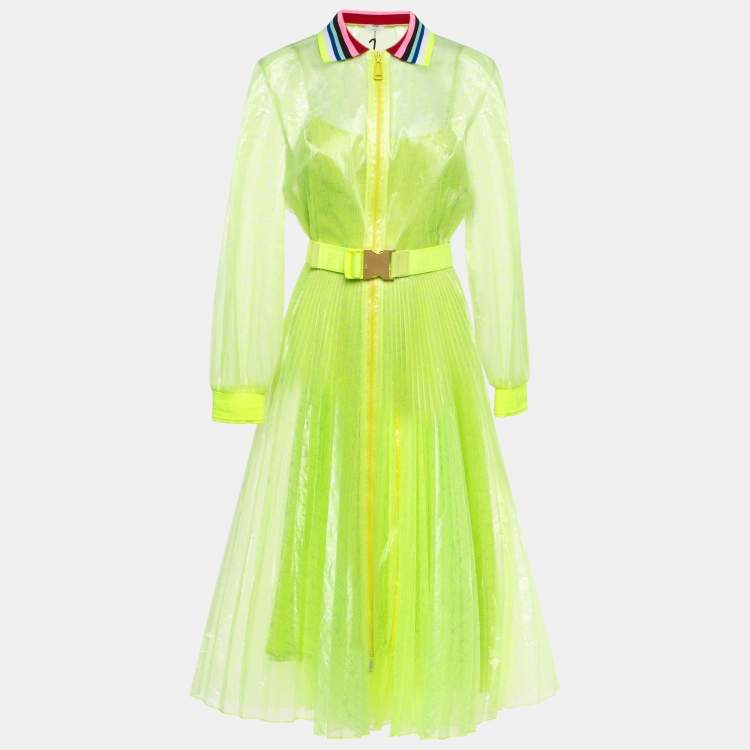 Pre Owned Fendi Neon Yellow Printed Synthetic Pleated Bleated Midi Dress M