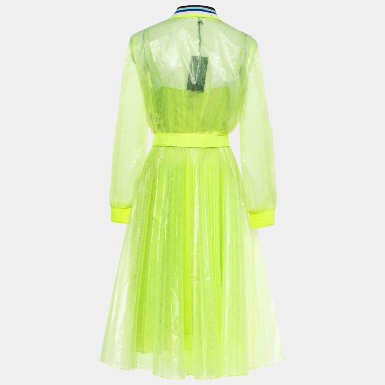 Pre Owned Fendi Neon Yellow Printed Synthetic Pleated Bleated Midi Dress M