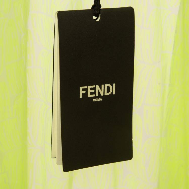 Pre Owned Fendi Neon Yellow Printed Synthetic Pleated Bleated Midi Dress M