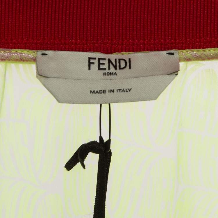Pre Owned Fendi Neon Yellow Printed Synthetic Pleated Bleated Midi Dress M