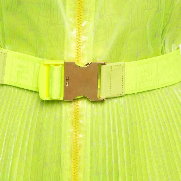 Pre Owned Fendi Neon Yellow Printed Synthetic Pleated Bleated Midi Dress M