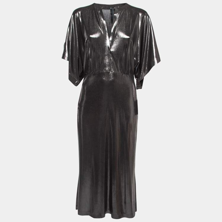 Pre Owned Norma Kamali Black Lame Fabric Obie Midi Dress M