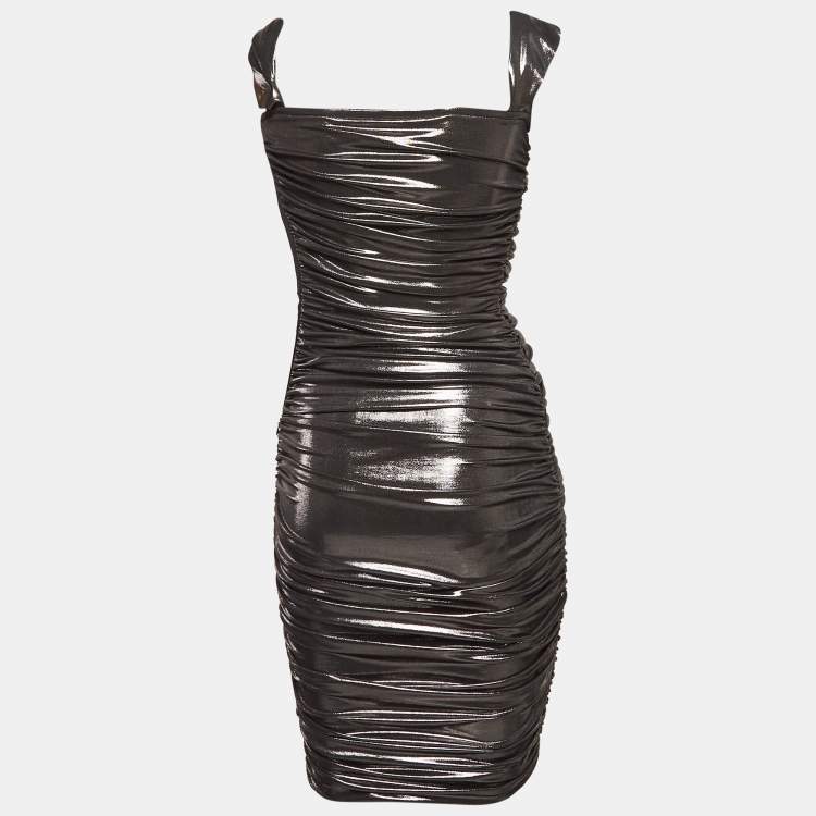 Pre Owned Norma Kamali Metallic Lame Stretch Jersey Ruched Midi Dress XXXS