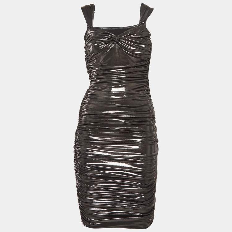 Pre Owned Norma Kamali Metallic Lame Stretch Jersey Ruched Midi Dress XXXS