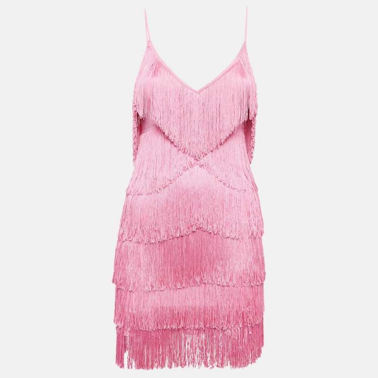 Pre Owned Norma Kamali Pink Fringed Slip Mini Dress XS